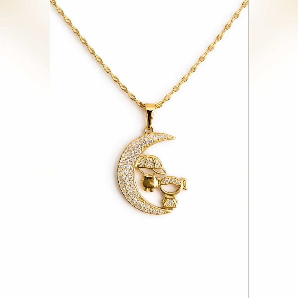 Gold Plated Moon Mom Necklace Boy Girl Pendant 22” Chain CZ Family Love Gift